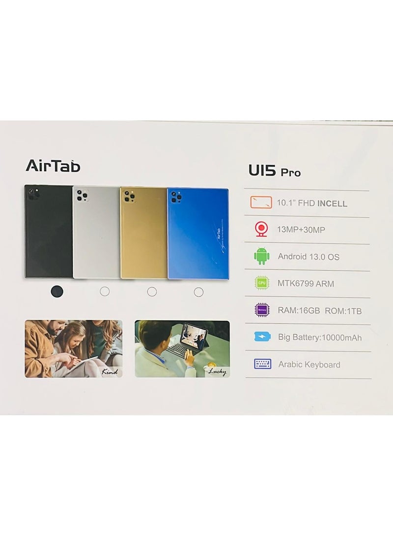 AirTab - U15 Pro 5G Wi-Fi Android Tablet with 10.1 Inch Display 16GB RAM 1TB ROM 10000mAh Battery with Wireless Arabic Keyboard Black - Image 1