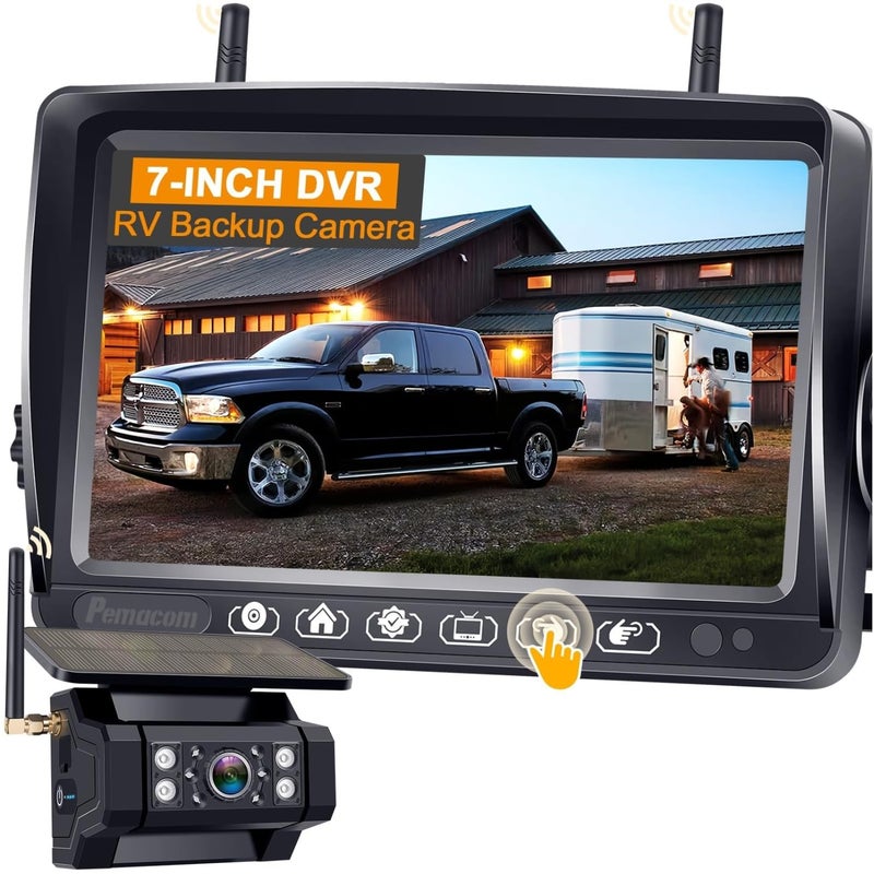 pemacom RV Backup Camera with Solar Magnetic Long Distance No Signal Delay 7 Inch Touch Key Monitor with Recording HD 1080P Wireless Backup Camera for Trailer 5th Wheel Camper - Image 2