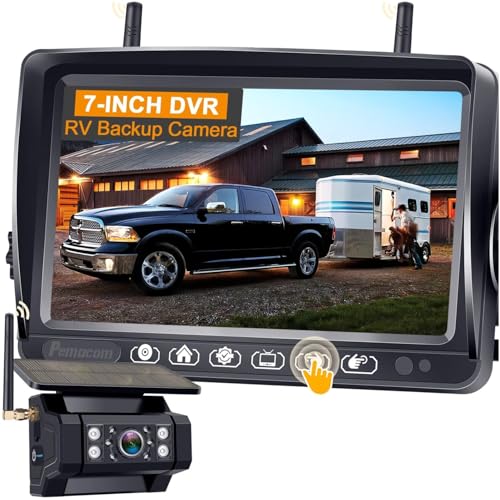 pemacom RV Backup Camera with Solar Magnetic Long Distance No Signal Delay 7 Inch Touch Key Monitor with Recording HD 1080P Wireless Backup Camera for Trailer 5th Wheel Camper - Image 1