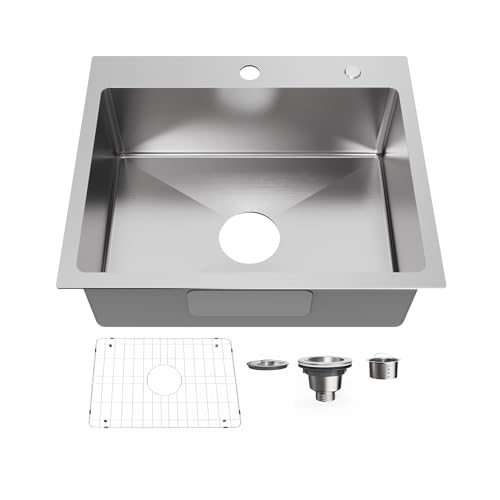 Bathenum 22" x 18" Drop in Kitchen Sink 304 Stainless Steel Single Bowl Topmount Kitchen Sink with Drain Kit and Bottom Grid, Brushed - Image 1