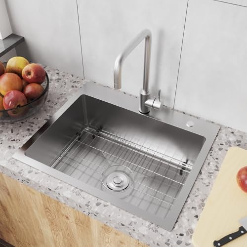 Bathenum 22" x 18" Drop in Kitchen Sink 304 Stainless Steel Single Bowl Topmount Kitchen Sink with Drain Kit and Bottom Grid, Brushed - Image 2