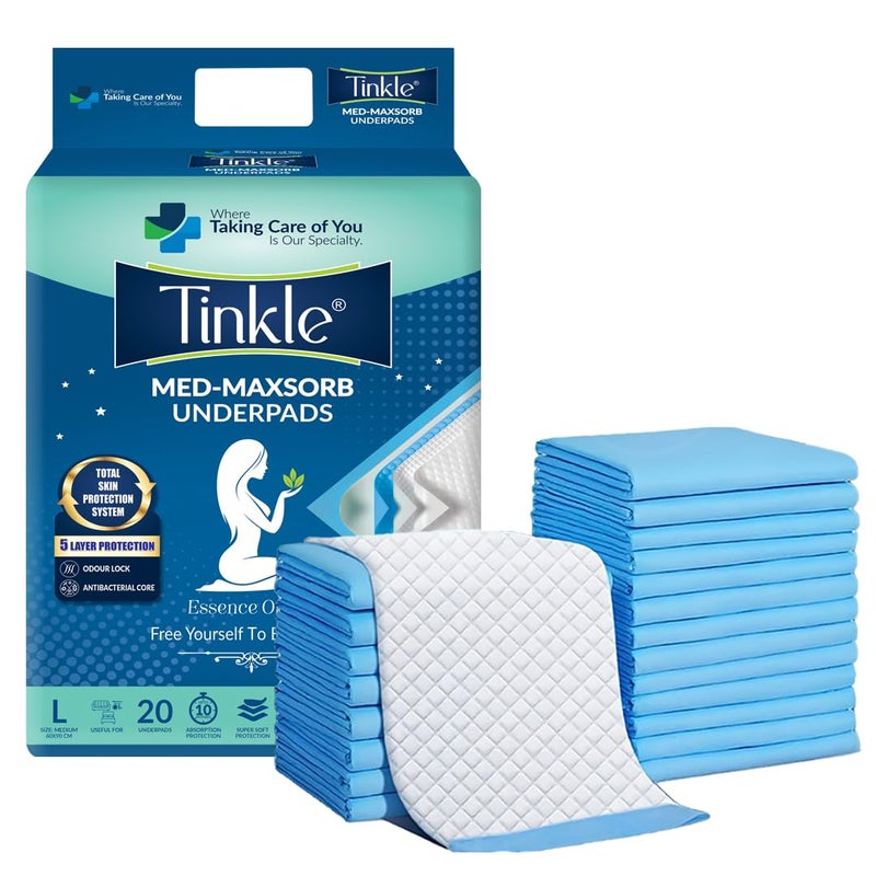 Tinkle ميد ماكسسورب شراشف تحت السرير القابلة للاستخدام لمرة واحدة، وسادة سرير لمشكلة السلس، 20 قطعة، زرقاء، كبيرة، 60x90 سم، مقاومة للماء وحماية فائقة الامتصاص من البلل للبالغين في المستشفى - Image 1
