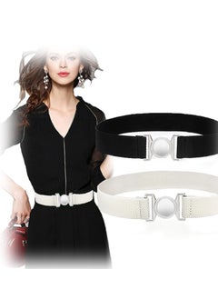 Women's Belt, Dress Belts for Women Stretchy Thin Waist Silver Buckle Elegant Waistband with Flat Invisible Elastic for Jeans Pants Dresses (Two Packs)
