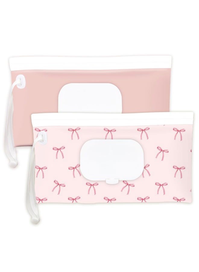 eoscasely Wipe Dispenser and Wipes Container, 2 Pack Reusable Wipes Holder and Travel Wipes Case, Refillable Pouch for Baby Essentials, blush& bow Design (Blush) - Image 1