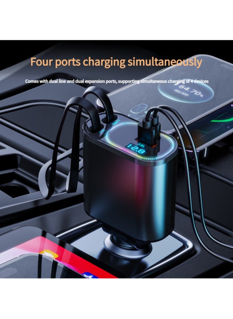 LumsAura - Fast Car Charger 4 in 1 Retractable Car Charger 120W with RGB Light,USB-C Fast Car Accessories,Compatible with All iPhones Android (Grey, Lightning+USB-C) - Image 1