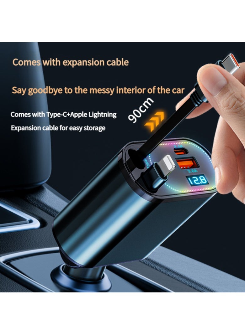 LumsAura - Fast Car Charger 4 in 1 Retractable Car Charger 120W with RGB Light,USB-C Fast Car Accessories,Compatible with All iPhones Android (Grey, Lightning+USB-C) - Image 1