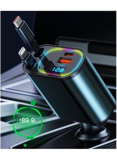 Fast Car Charger 4 in 1 Retractable Car Charger 120W with RGB Light,USB-C Fast Car Accessories,Compatible with All iPhones Android (Grey, Lightning+USB-C)