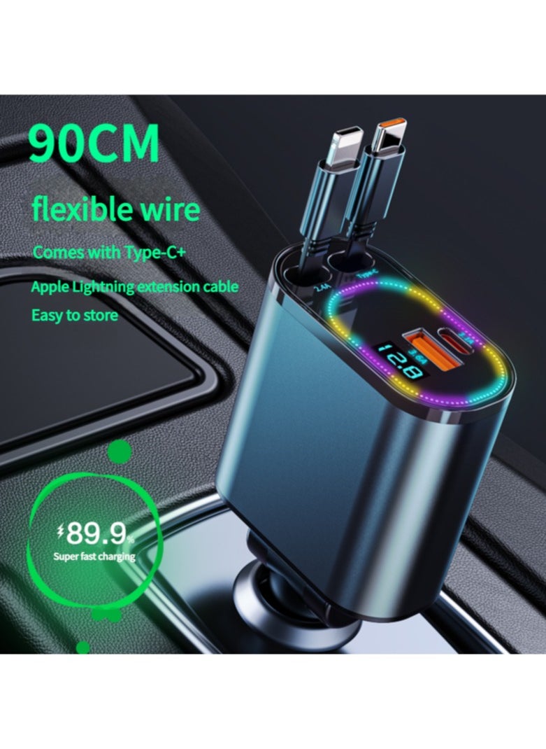 LumsAura - Fast Car Charger 4 in 1 Retractable Car Charger 120W with RGB Light,USB-C Fast Car Accessories,Compatible with All iPhones Android (Grey, Lightning+USB-C) - Image 1
