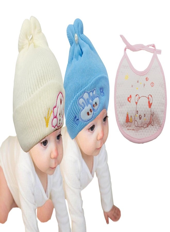 COOL INDIANS Combo of Baby Winter Cap & Baby Bibs | New Born Baby Kid's Cap | Cotton Baby Bibs/Baby Apron with Titch Button I Woolen Cap for Kid's Boy's & Girl's (3-6 Months, Beige Blue) - Image 1