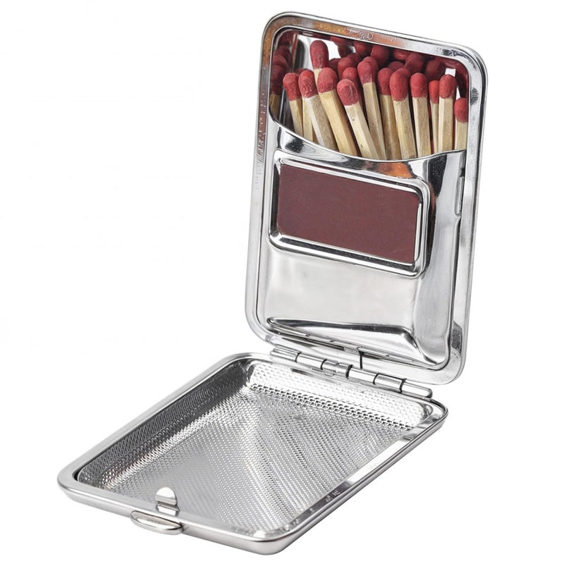 Metal Match Box Case Stainless Steel Matchboxes Matchstick Holder with Friction Plate Striker Vintage Portable Mini Storage Reusable One Button Waterproof Fire Starter for Fireplace Outdoor Camping