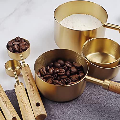 Dadamong Measuring Cups and Spoons Set of 8, Stainless Steel Gold Measuring Cups Kit with Wooden Handle, Kitchen Cooking Baking Spoons Tool Set for Solid and Liquid Iingredients - Image 4