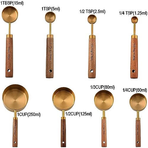 Dadamong Measuring Cups and Spoons Set of 8, Stainless Steel Gold Measuring Cups Kit with Wooden Handle, Kitchen Cooking Baking Spoons Tool Set for Solid and Liquid Iingredients - Image 3