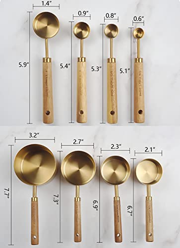 Dadamong Measuring Cups and Spoons Set of 8, Stainless Steel Gold Measuring Cups Kit with Wooden Handle, Kitchen Cooking Baking Spoons Tool Set for Solid and Liquid Iingredients - Image 5