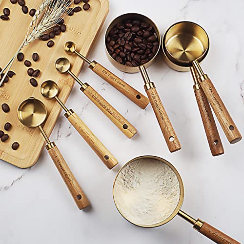 Dadamong Measuring Cups and Spoons Set of 8, Stainless Steel Gold Measuring Cups Kit with Wooden Handle, Kitchen Cooking Baking Spoons Tool Set for Solid and Liquid Iingredients - Image 2