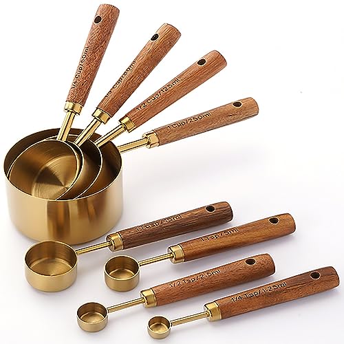 Dadamong Measuring Cups and Spoons Set of 8, Stainless Steel Gold Measuring Cups Kit with Wooden Handle, Kitchen Cooking Baking Spoons Tool Set for Solid and Liquid Iingredients - Image 1