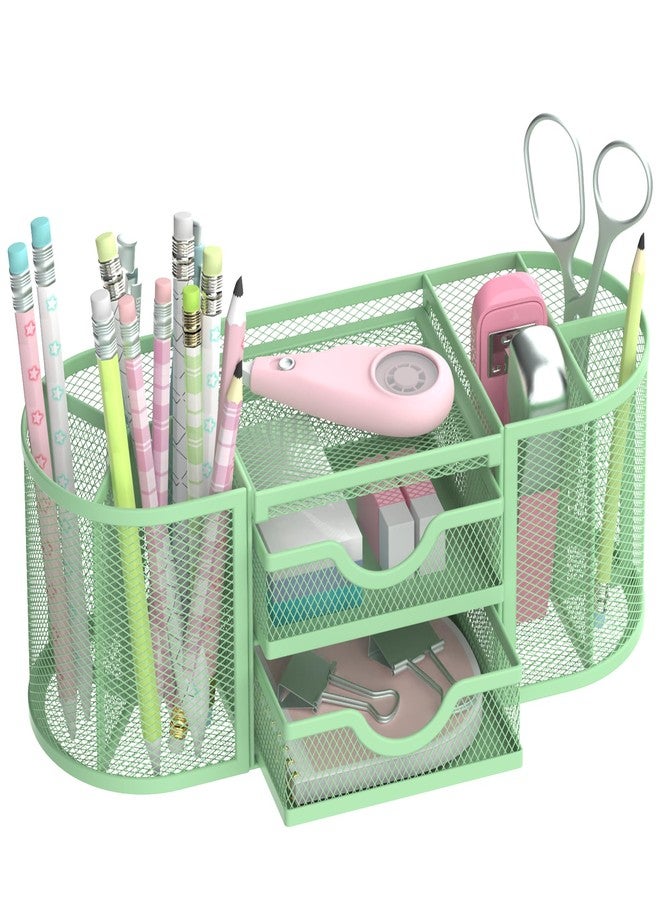 SUPEASY منظم مكتب شبكي من SUPEASY، منظمات مكتبية وملحقاتها، حامل أقلام بأدراج، حامل أقلام رصاص للمكتب بدرجين للوازم المكتبية، أخضر نعناعي - Image 1