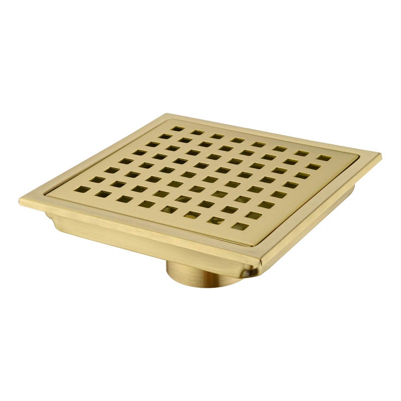 Orhemus Square Shower Floor Drain with Removable Cover Grid Grate 6 inch Long SUS 304 Stainless Steel Brushed Gold Brass Finished