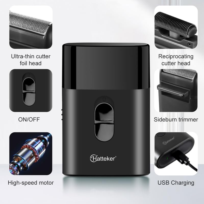 HATTEKER HT-911 Professional Electric Ultra-Thin Shaver Rechargeable Razor for Face Care Beard Trimmer Reciprocating Blade with USB for Men's - Black - Image 2
