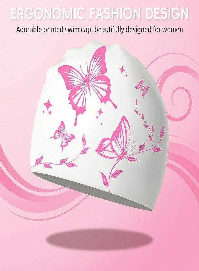 برو بيروس قبعة سباحة بروبيروس® للنساء والفتيات، مصنوعة من السيليكون المقاوم للماء، قبعة سباحة مريحة بدون ضغط، قبعة سباحة للشعر الطويل، قبعة سباحة نسائية مقاومة للتجاعيد للشعر الطويل، مزينة بطبعات فراشات - Image 5