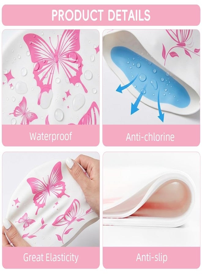 برو بيروس قبعة سباحة بروبيروس® للنساء والفتيات، مصنوعة من السيليكون المقاوم للماء، قبعة سباحة مريحة بدون ضغط، قبعة سباحة للشعر الطويل، قبعة سباحة نسائية مقاومة للتجاعيد للشعر الطويل، مزينة بطبعات فراشات - Image 3