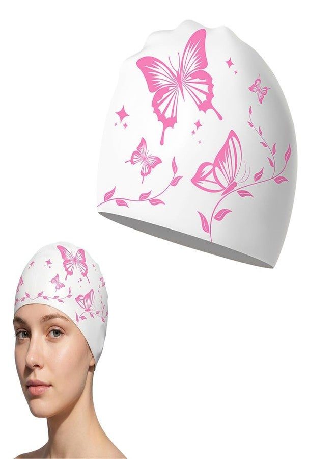 برو بيروس قبعة سباحة بروبيروس® للنساء والفتيات، مصنوعة من السيليكون المقاوم للماء، قبعة سباحة مريحة بدون ضغط، قبعة سباحة للشعر الطويل، قبعة سباحة نسائية مقاومة للتجاعيد للشعر الطويل، مزينة بطبعات فراشات - Image 1