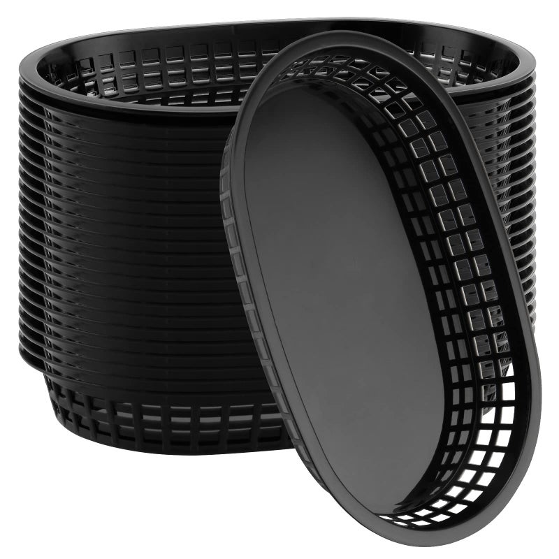 KOHAND 24 Pack Black Fast Food Serving Basket  11 x 7 Inch Plastic Oval Shaped for Deli Service Bread Hot Dog Burgers Sandwiches Fries Barbecues
