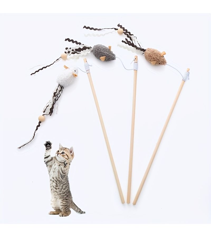 Interactive Plush Cat Teaser Toy Wooden Handle Random Style 3 Pieces - Image 1