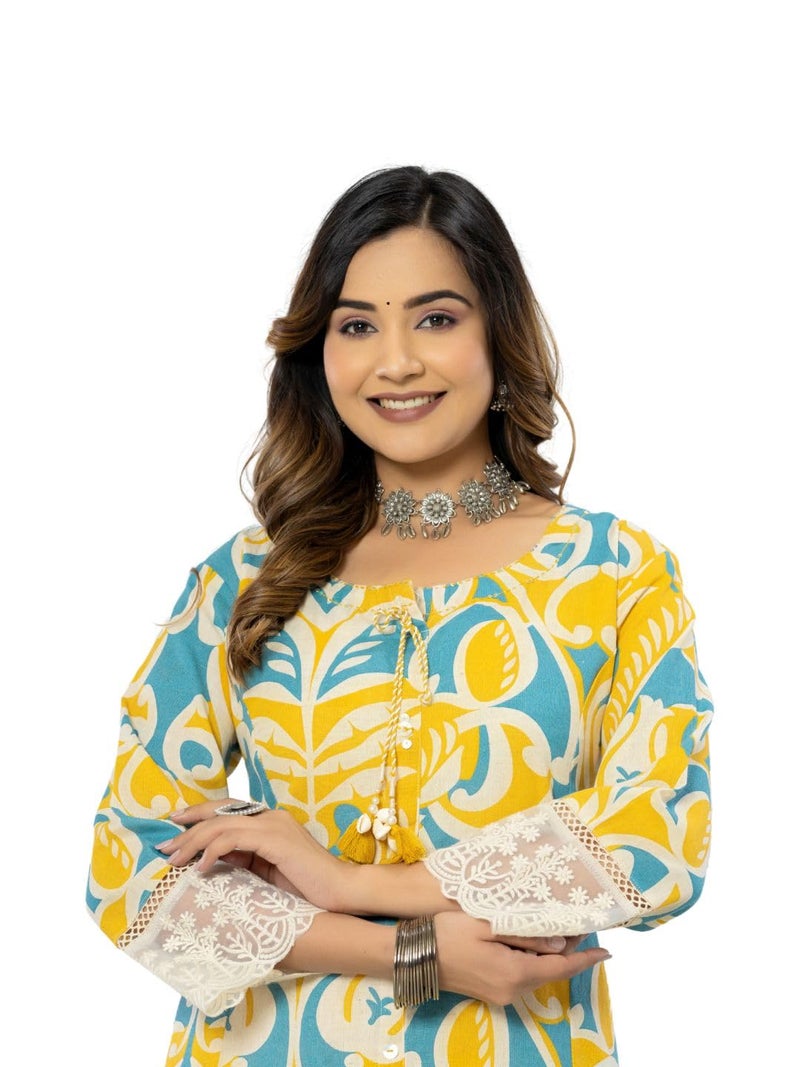 rytras Women's Cotton Printed A-Line Kurta with Pant(RYT563,Yellow,3XL) - Image 5