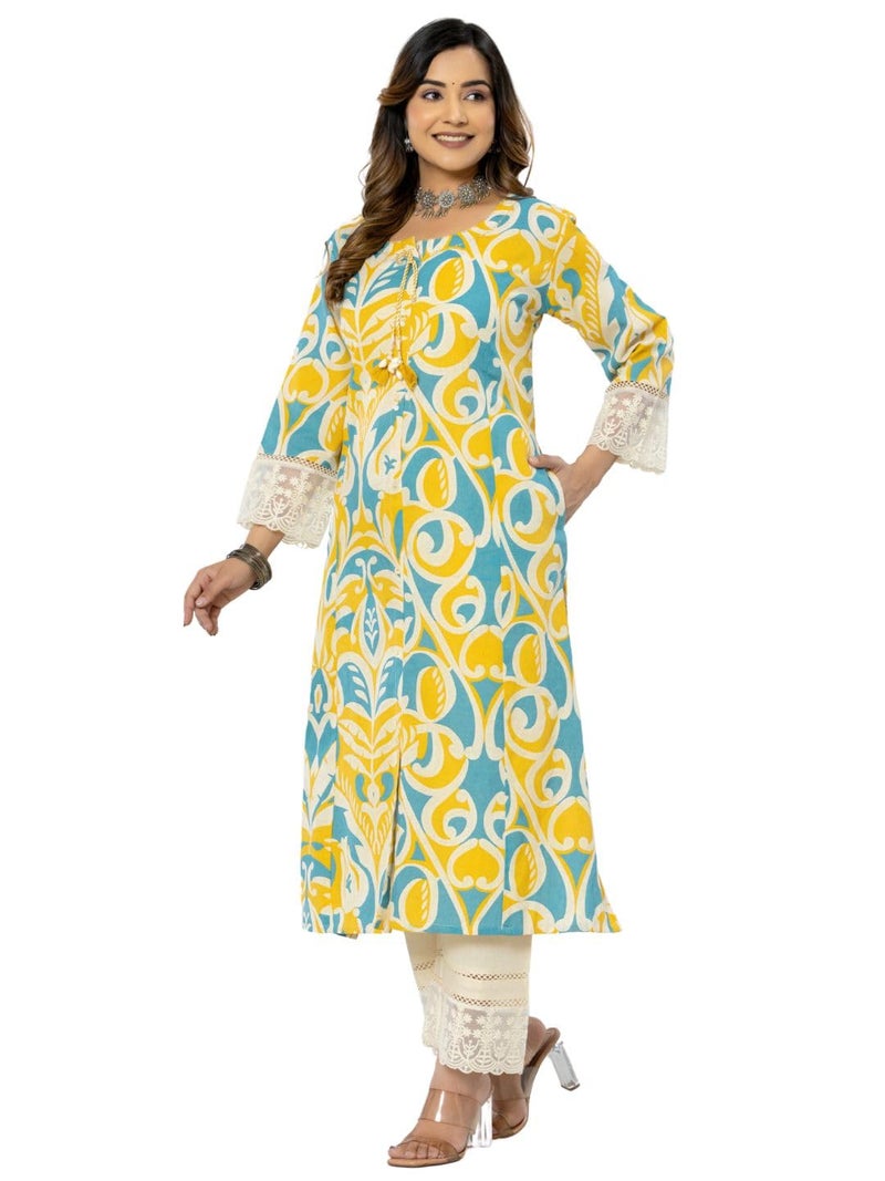rytras Women's Cotton Printed A-Line Kurta with Pant(RYT563,Yellow,3XL) - Image 4