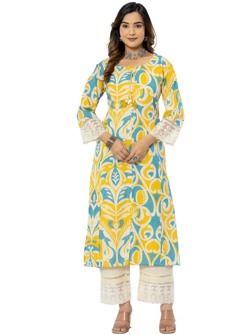 rytras Women's Cotton Printed A-Line Kurta with Pant(RYT563,Yellow,3XL) - Image 3