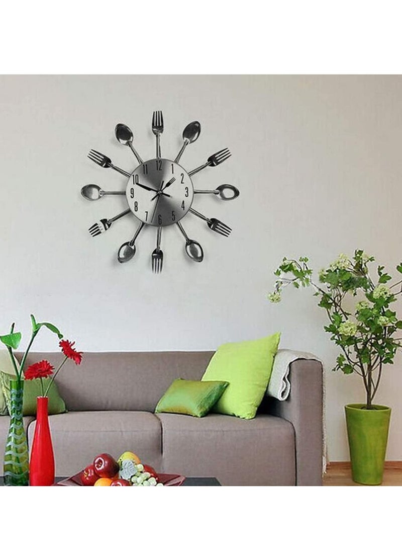 ساعة حائط للمطبخ ثلاثية الأبعاد قابلة للإزالة أدوات مائدة إبداعية حديثة ملعقة شوكة ساعة حائط مرآة ملصقات جدارية لتزيين غرفة المنزل - Image 2