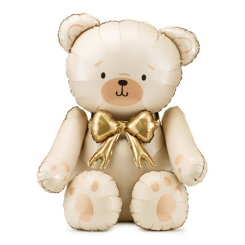 PartyDeco Giant Teddy Bear Foil Balloon PartyDeco 29.5x33 Inch â€“ Cute Cream Bear Balloons with Gold Bow for Baby Shower, Birthday Kids, Gender Reveal Neutral Party Decor - Image 1