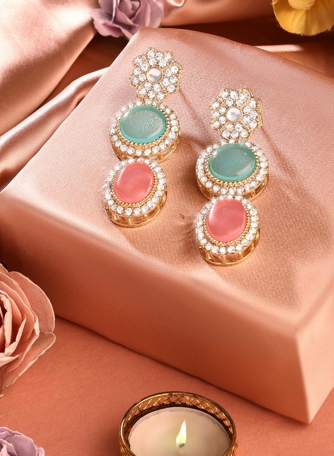 Zaveri Pearls Pink & Turquoise Blue Stones Ethnic Austrian Diamonds Embellished Drop Earring For Women-ZPFK17546 - Image 2
