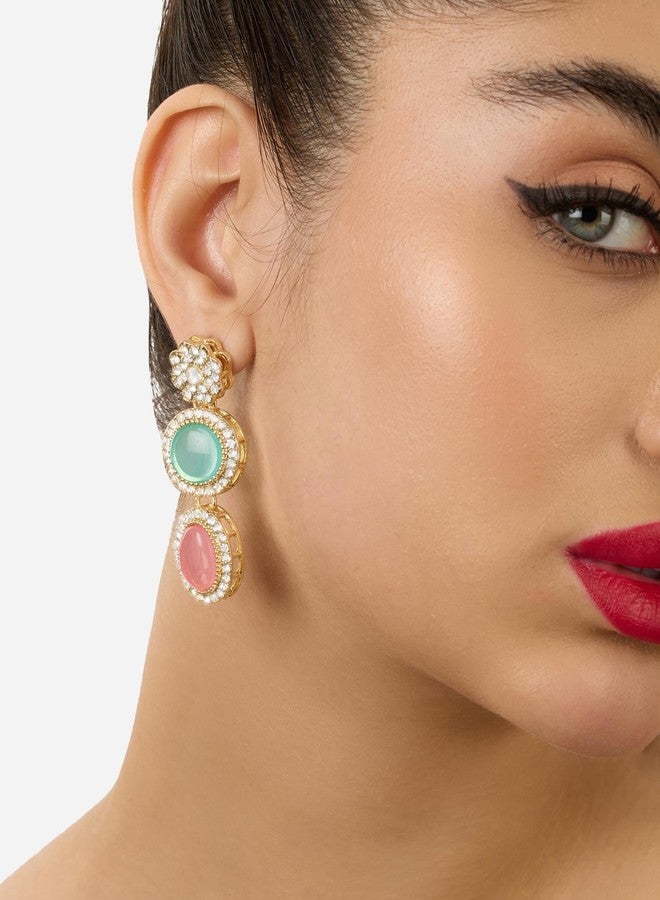 Zaveri Pearls Pink & Turquoise Blue Stones Ethnic Austrian Diamonds Embellished Drop Earring For Women-ZPFK17546 - Image 3