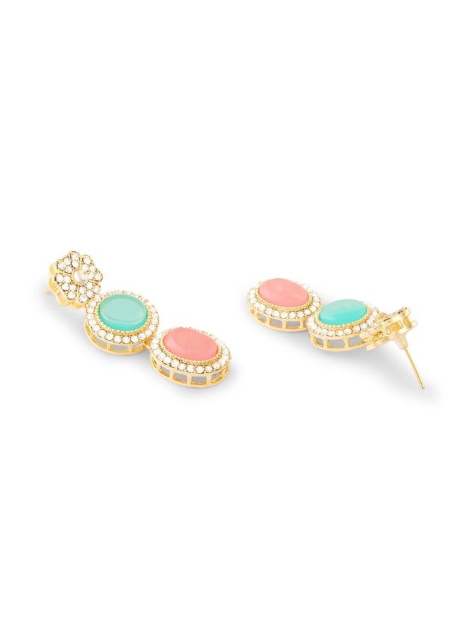 Zaveri Pearls Pink & Turquoise Blue Stones Ethnic Austrian Diamonds Embellished Drop Earring For Women-ZPFK17546 - Image 4
