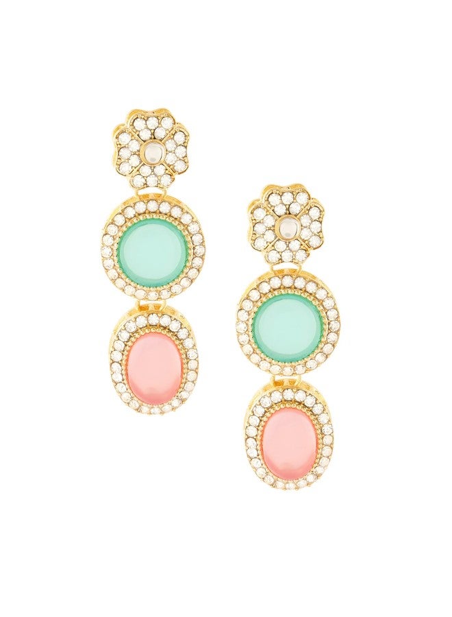Zaveri Pearls Pink & Turquoise Blue Stones Ethnic Austrian Diamonds Embellished Drop Earring For Women-ZPFK17546 - Image 1