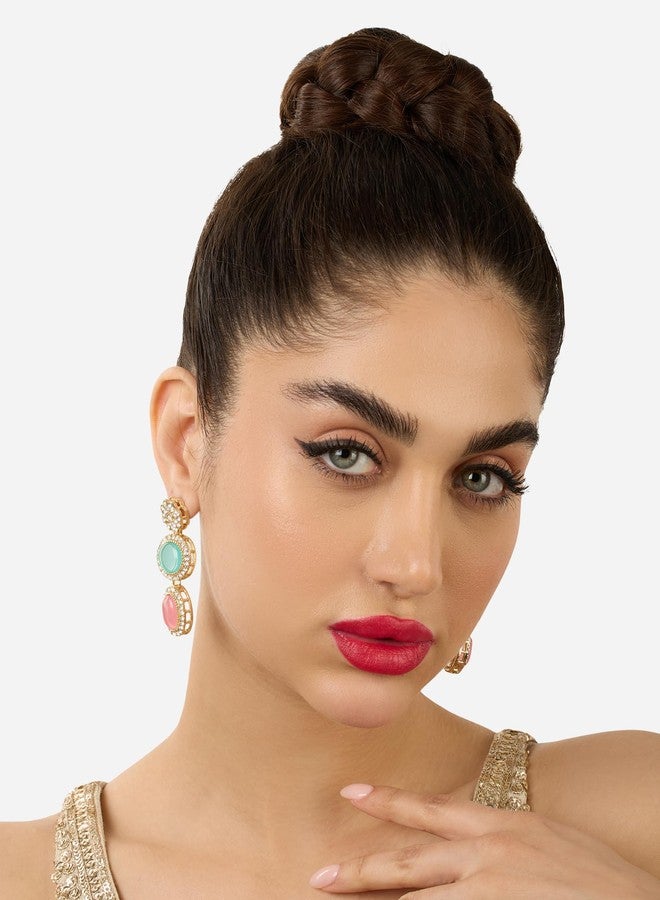 Zaveri Pearls Pink & Turquoise Blue Stones Ethnic Austrian Diamonds Embellished Drop Earring For Women-ZPFK17546 - Image 5