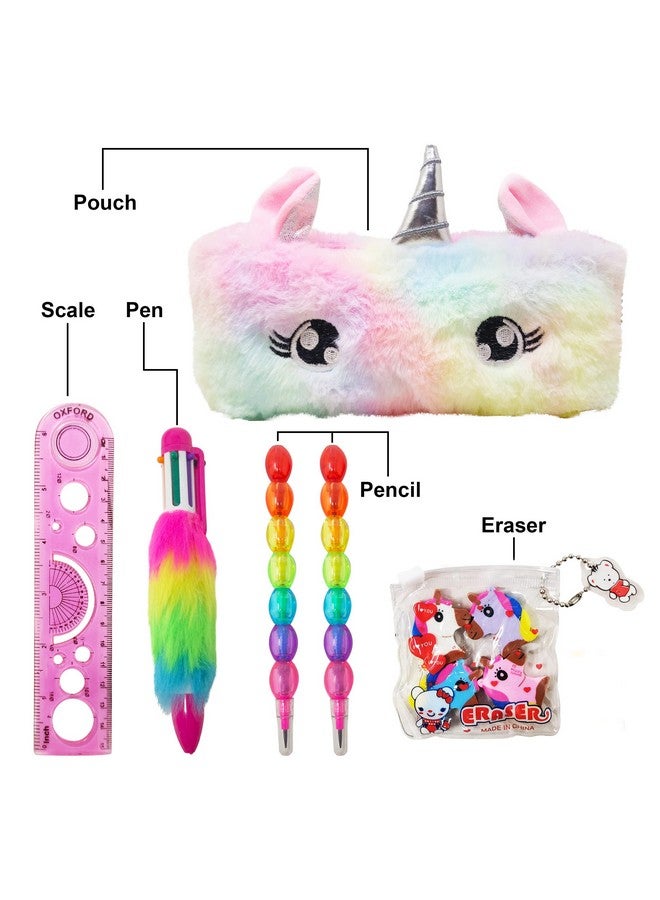 PARTEET Unicorn (Combo of 6 Items) 1 Fur Pouch, 1 Fer Pen, 2 Pencils, 1 Scale and 1 Packet Unicorn Eraser for Kids (Multicolor) - Image 2