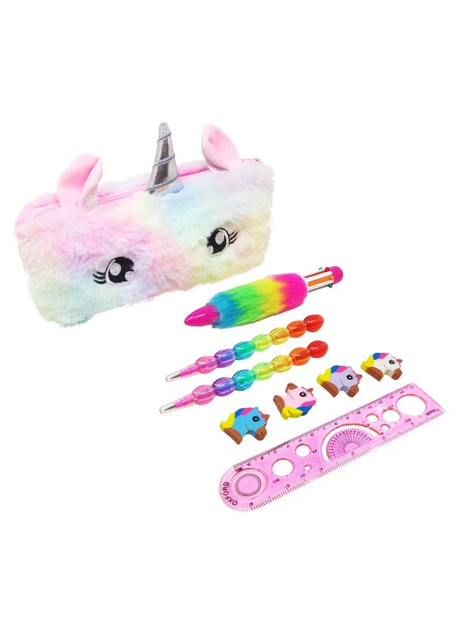 PARTEET Unicorn (Combo of 6 Items) 1 Fur Pouch, 1 Fer Pen, 2 Pencils, 1 Scale and 1 Packet Unicorn Eraser for Kids (Multicolor) - Image 1