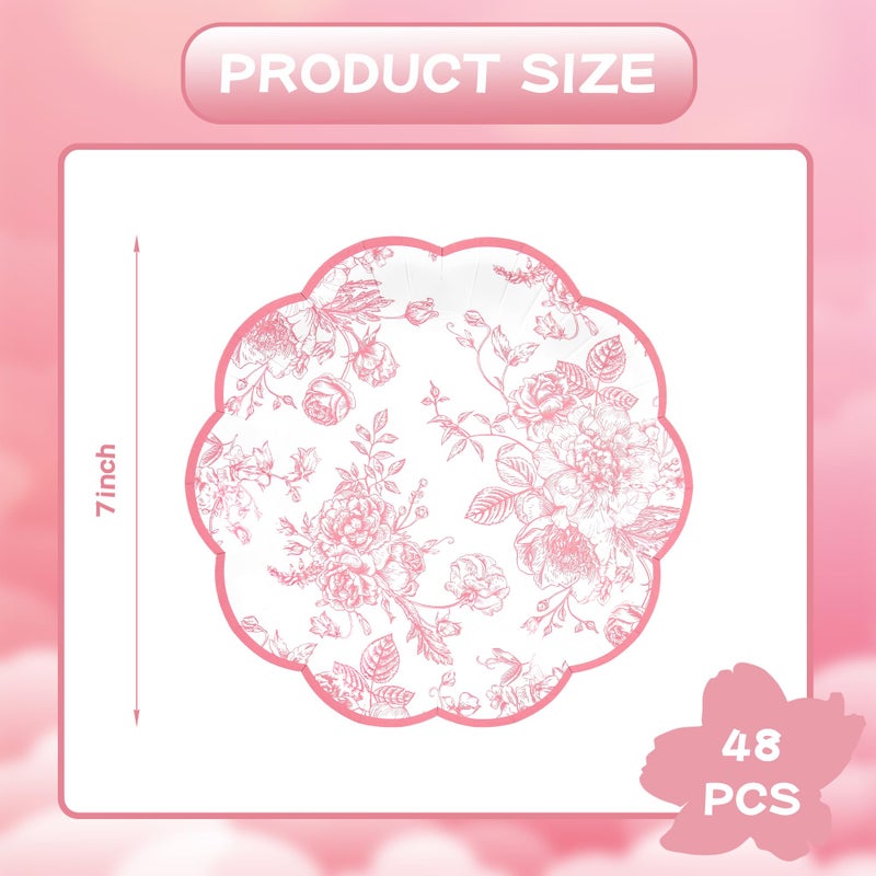 Elyxio 48 Pcs Pink Floral Party Plates Vintage Floral Leaf Disposable Paper Plates Wildflower Pink Toile 7" Samll Scalloped Rim Dessert Plates for Spring Summer Birthday Bridal Tea Party Supplies - Image 3