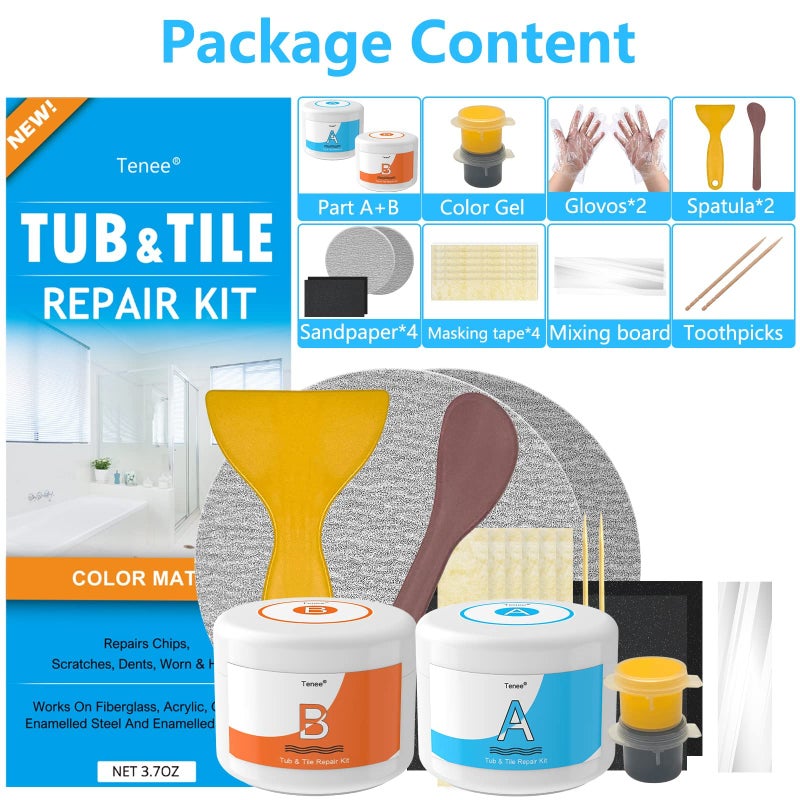Tenee Tub Repair Kit & Porcelain Repair Kit (Color Match) - 3.7 OZ Fiberglass Repair Kit with Super Adhesion, Bathtub Repair Kit for Cracked Bathtub, Perfectly Treat Cracks, Holes, Dents, Worns and Shower  - Image 2