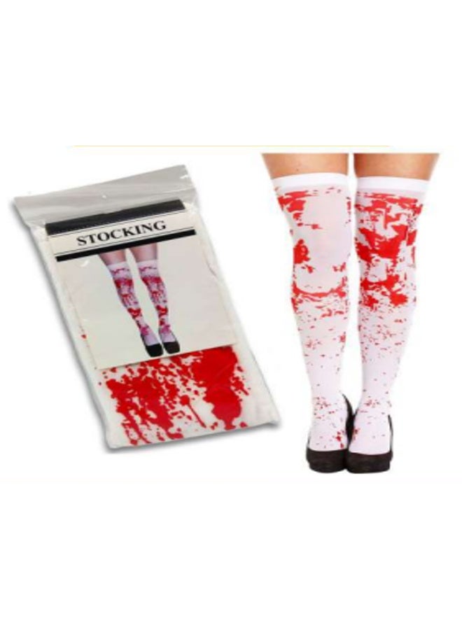 جوارب هالوين بقع الدم - بيضاء مع بقع رعب حمراء، جوارب تنكرية مخيفة للنساء، مربية زومبي، دمية مسكونة وأزياء حفلات هالوين مخيفة - Image 3