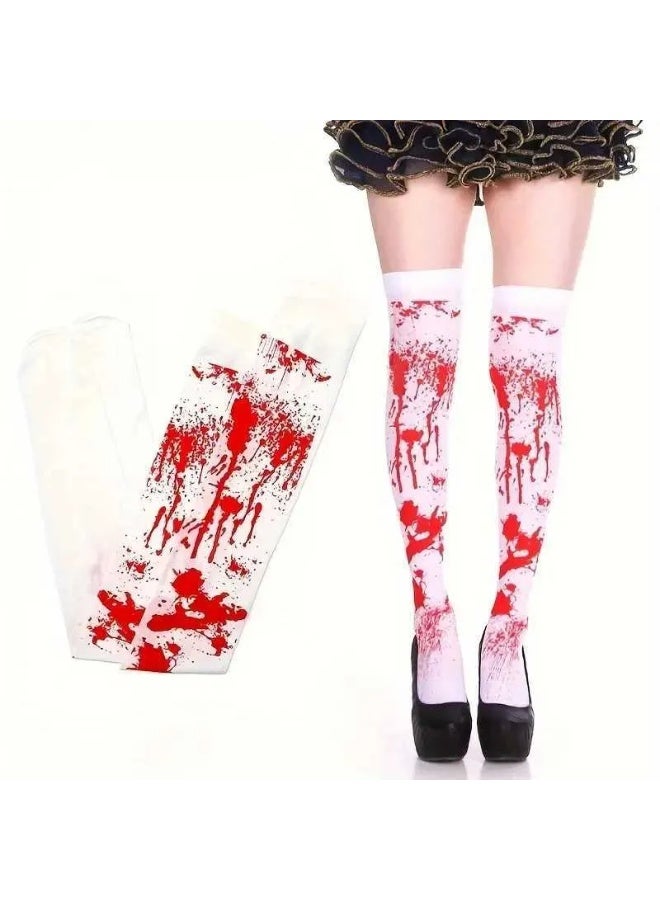 جوارب هالوين بقع الدم - بيضاء مع بقع رعب حمراء، جوارب تنكرية مخيفة للنساء، مربية زومبي، دمية مسكونة وأزياء حفلات هالوين مخيفة - Image 2