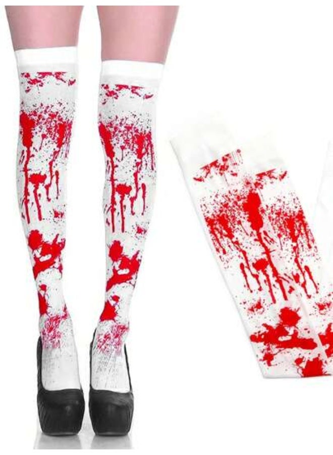 جوارب هالوين بقع الدم - بيضاء مع بقع رعب حمراء، جوارب تنكرية مخيفة للنساء، مربية زومبي، دمية مسكونة وأزياء حفلات هالوين مخيفة - Image 1