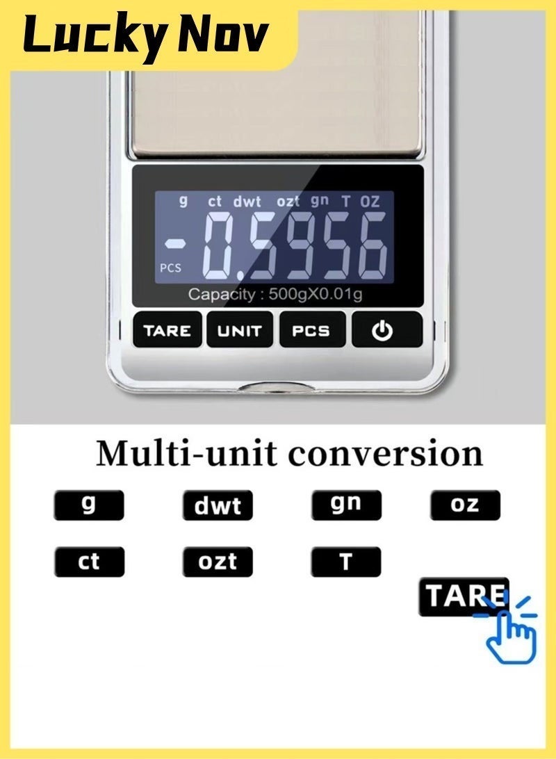 LuckyNov Digital Precision Gram Scale, 0.001oz/0.01g 500g Mini Pocket Scale, Portable Electronic Weight Jewelry Scales, Tare, Auto Off, Stainless Steel. - Image 5