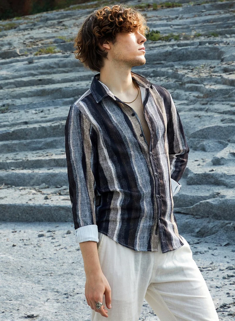 Campus Sutra  Men's Prussian Blue & Ash Brown Brushed-Stripe Shirt for Men | Best Price UAE