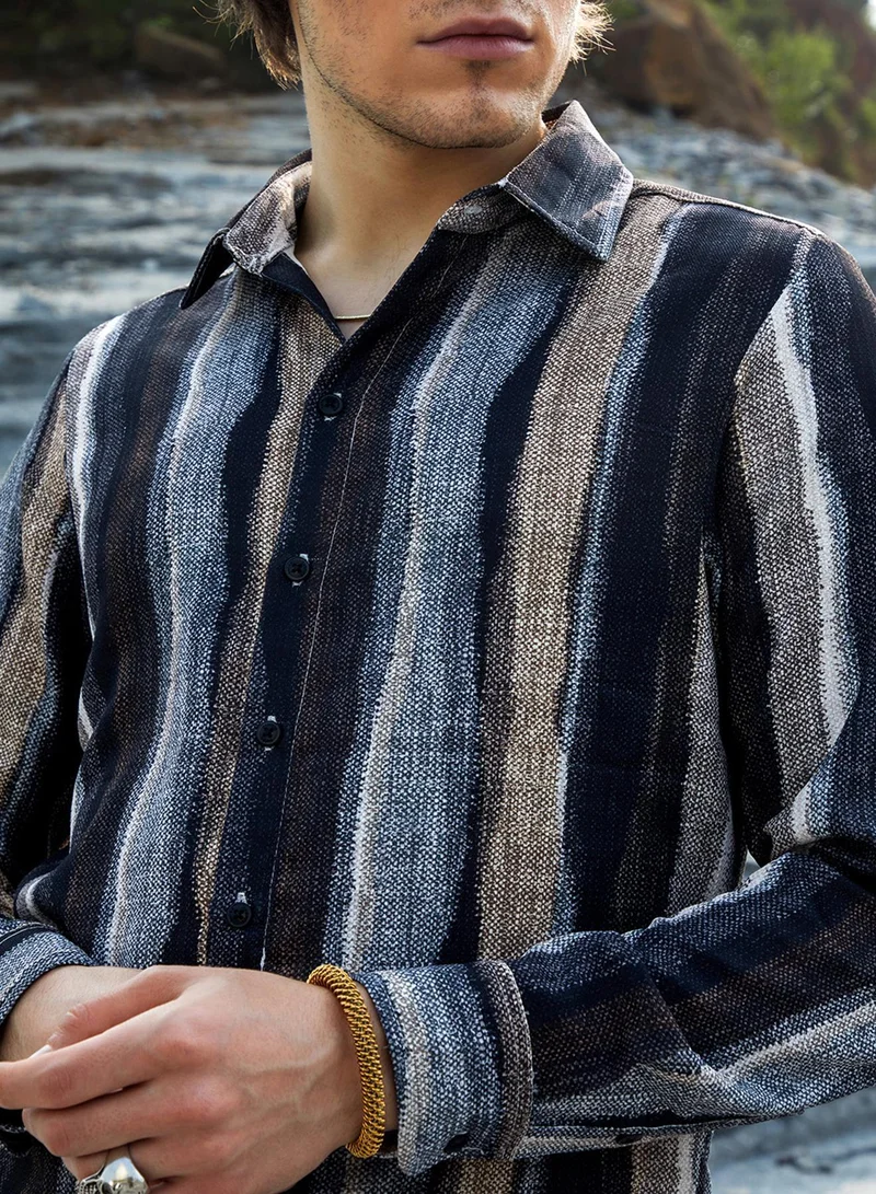Campus Sutra  Men's Prussian Blue & Ash Brown Brushed-Stripe Shirt for Men | Best Price UAE