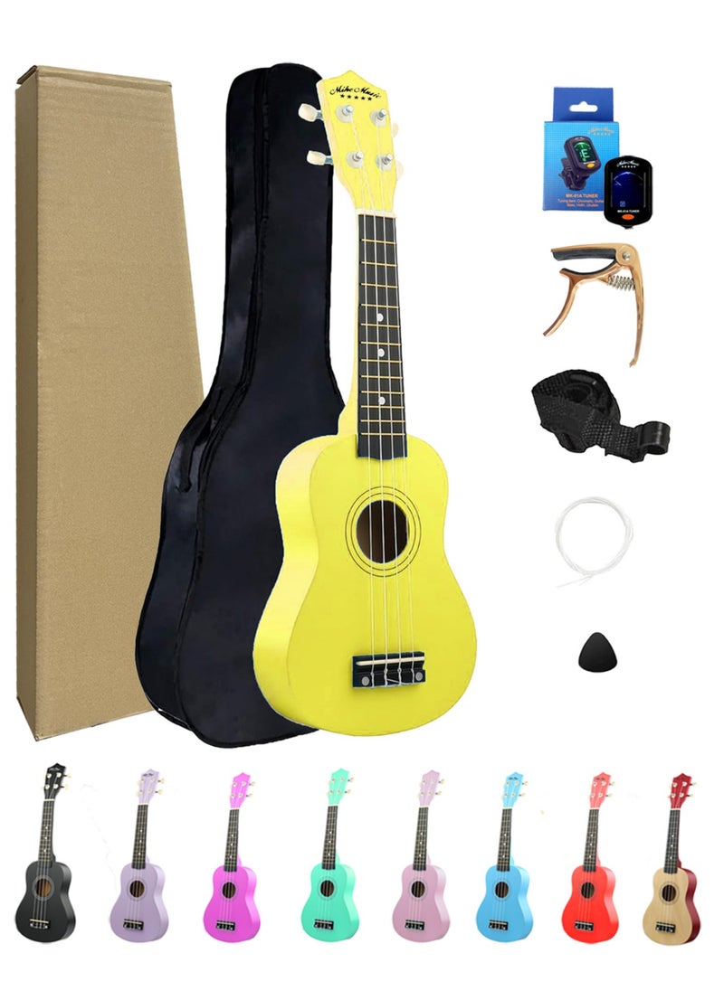 Mike Music - Beginner Ukulele Set for Kids Adults 21 inch Ukuleles Starter Kit Hawaii Mini Guitars for Students Small Guitar Ukulele with Gig Bag, Digital Tuner, Capo, Belt, 1 Spare String and Pick (Yellow) - Image 1