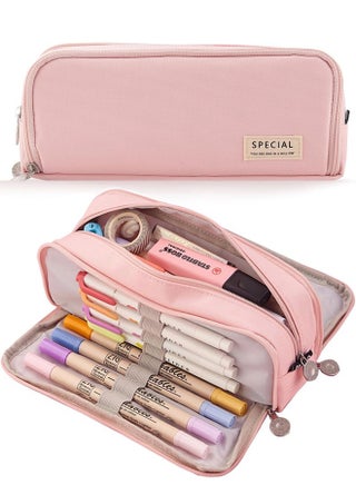 Large Capacity Pencil Case, 3 Compartments Canvas Pencil Pouch with Zipper, Aesthetic Pencil Bag Pen Pouch for School Office Students Teen Girls Boys (Pink)