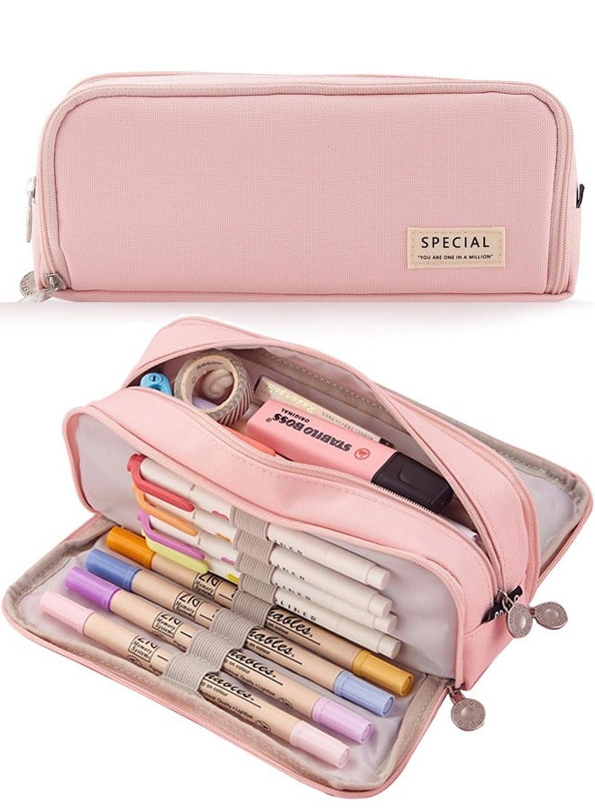 حالة قلم رصاص كبيرة السعة ، 3 مقصورات حقيبة قلم رصاص قماش مع سحاب ، حقيبة قلم رصاص جمالية حقيبة قلم رصاص لمكتب المدرسة طلاب الفتيات المراهقات الأولاد (الوردي) - Image 1